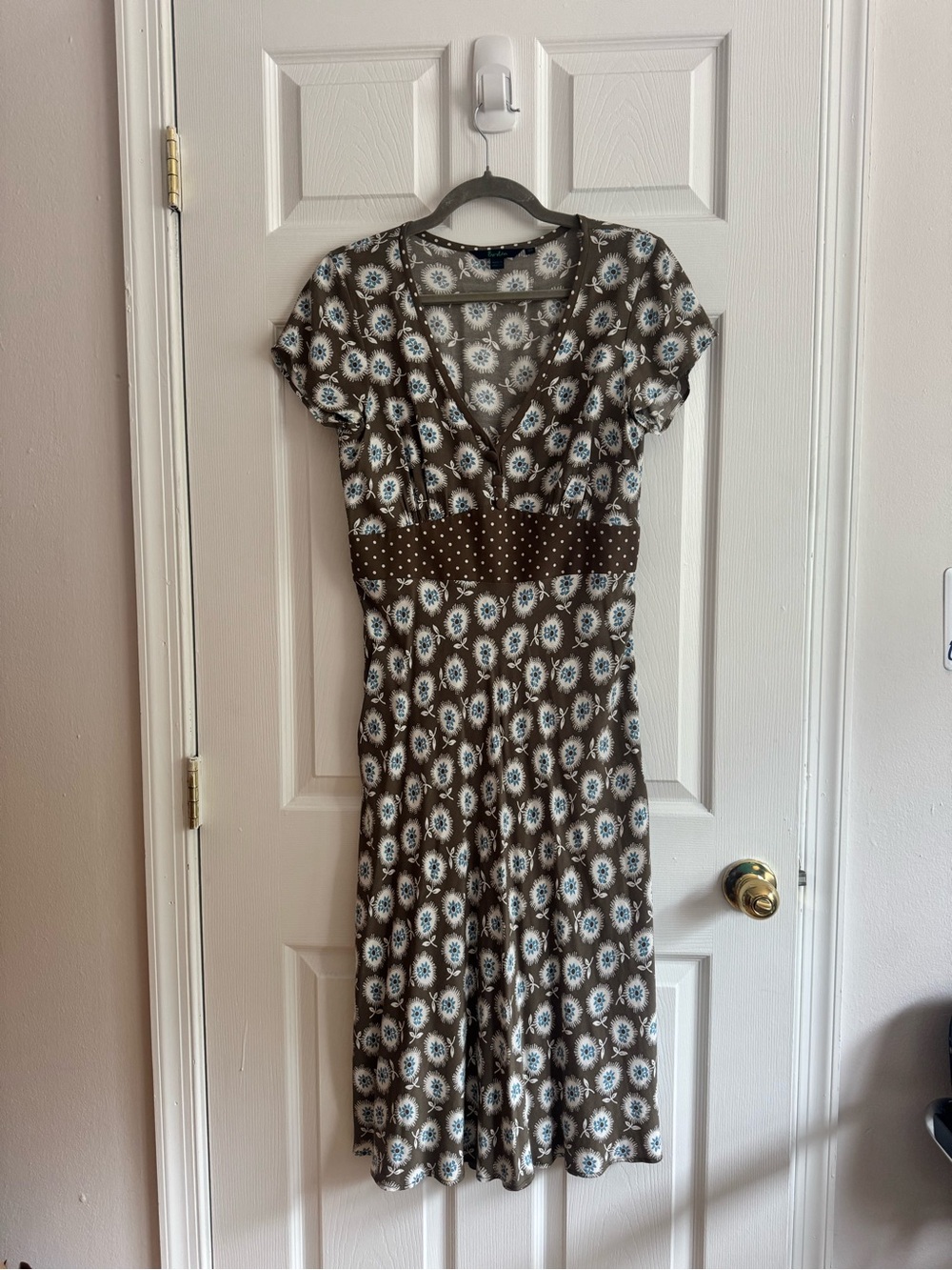 Boden Retro St Floral Polka Dot Jersey V-Neck Midi Dress - Brown & Blue Size 12R